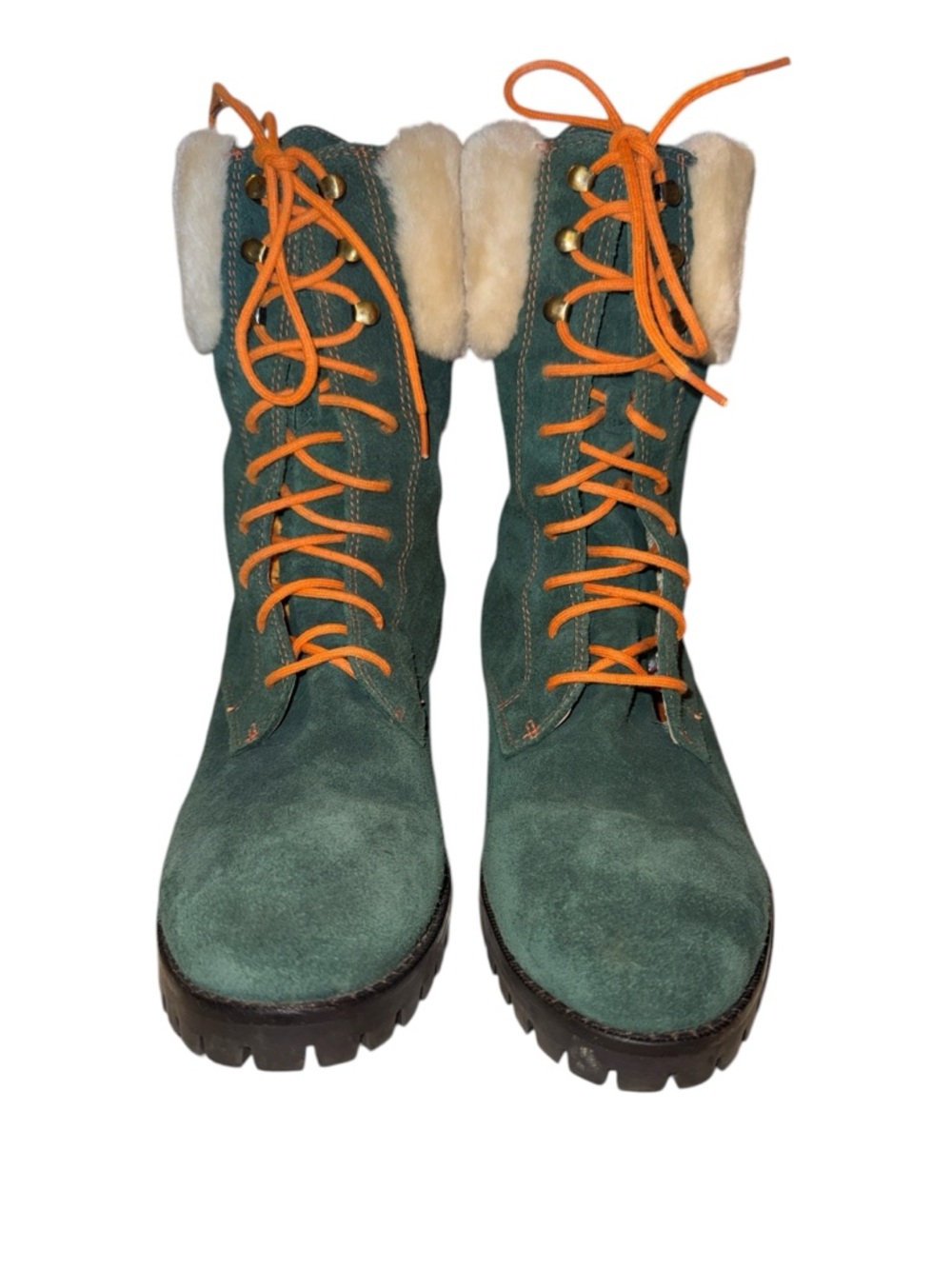 Vintage Green Suede Fur Lined Combat Boots Cozy Cabin Aesthetic